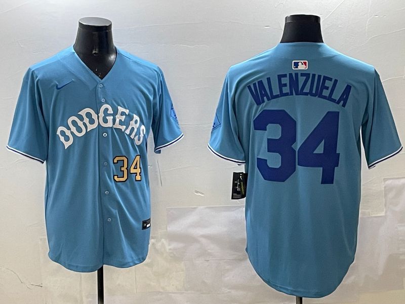 Men Los Angeles Dodgers 34 Valenzuela Light Blue Joint Name 2025 Nike MLB Jersey style 31621